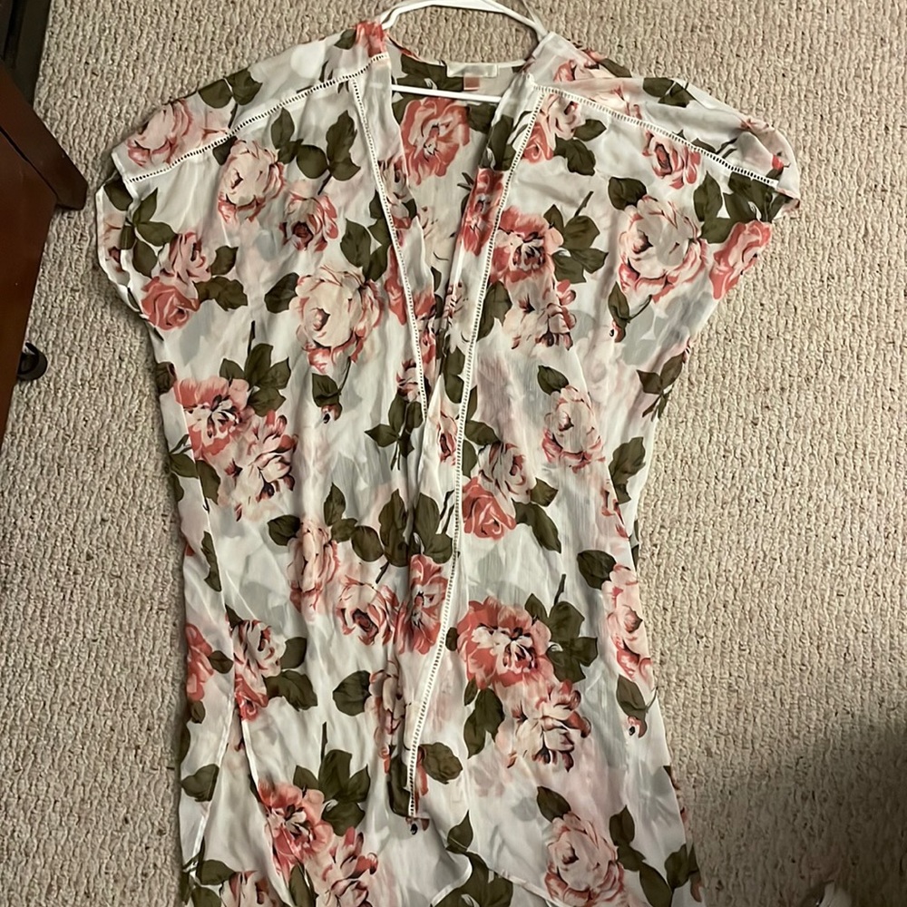 Green Leaves & Pink Roses Cardigan Sweater Size M/L